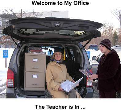 Adjunct Professor in her office, which is her car.